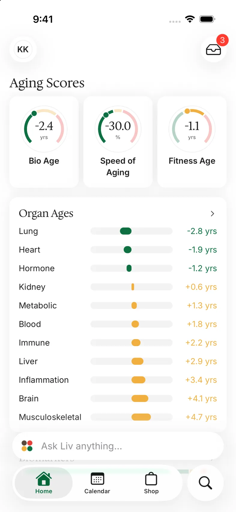 The Liv app: aging scores and organ ages