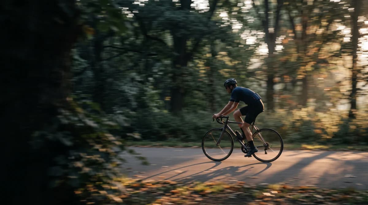A cyclist on a forest road in morning light