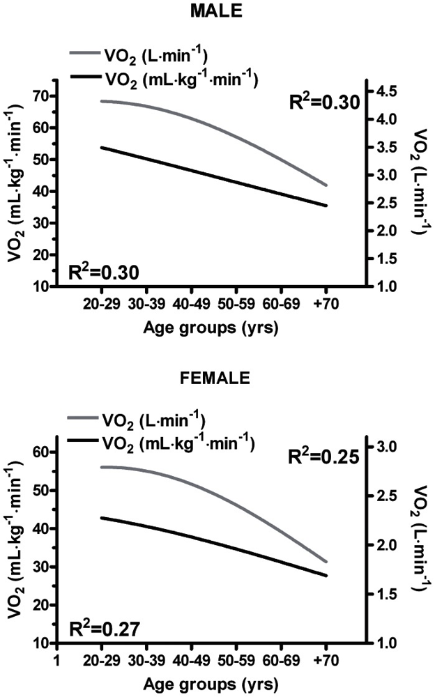 VO₂ Max decline with age for males and females